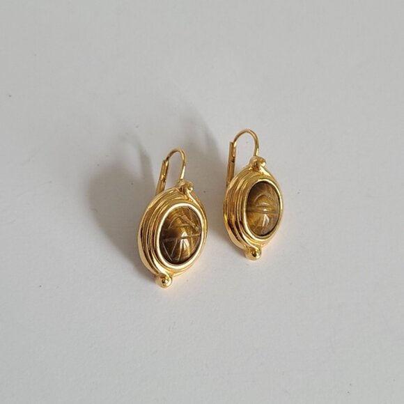 Vintage Boho Egypt Gold Plated Carved Scarab Tiger's Eye Cabochon Drop Earrings - Picture 3 of 8